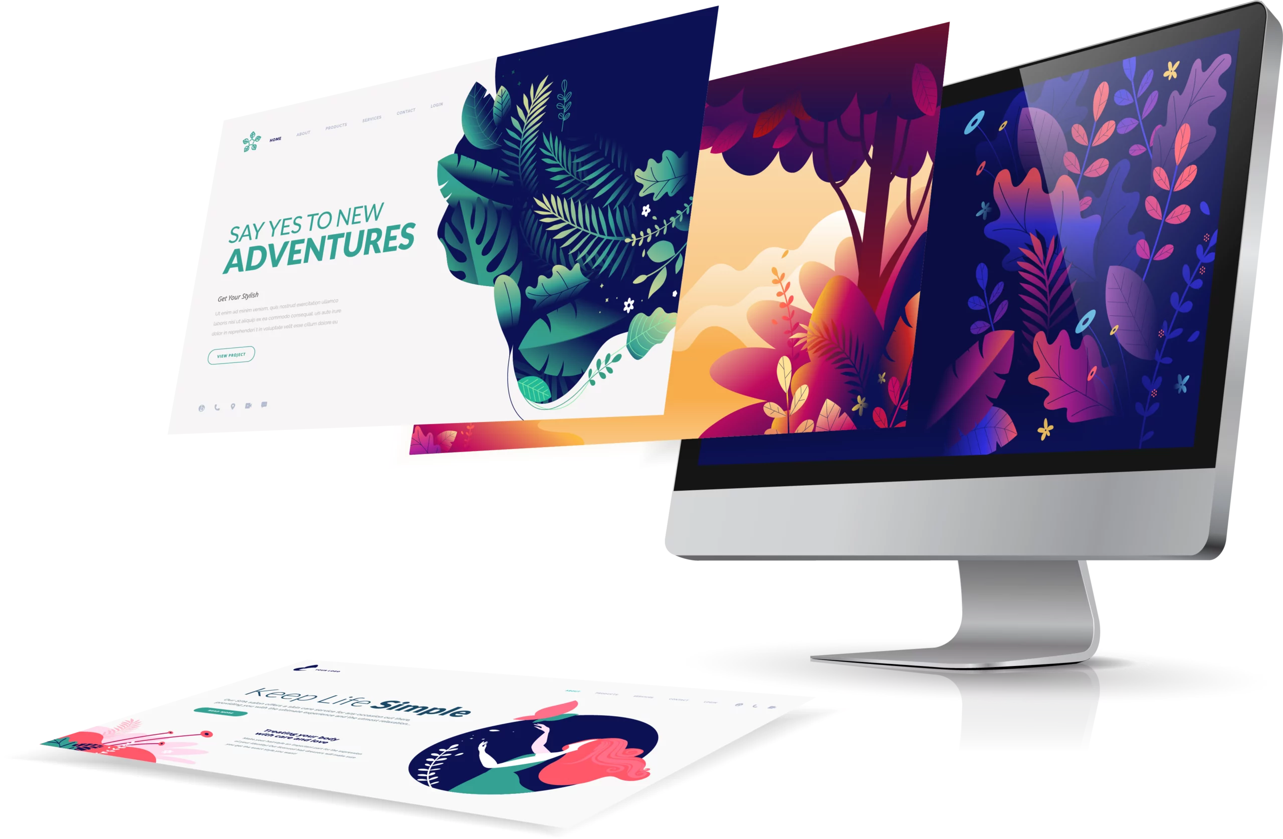 A computer monitor displaying a website design featuring nature-inspired illustrations, with additional landing page mockups laid out on a surface in front of it.